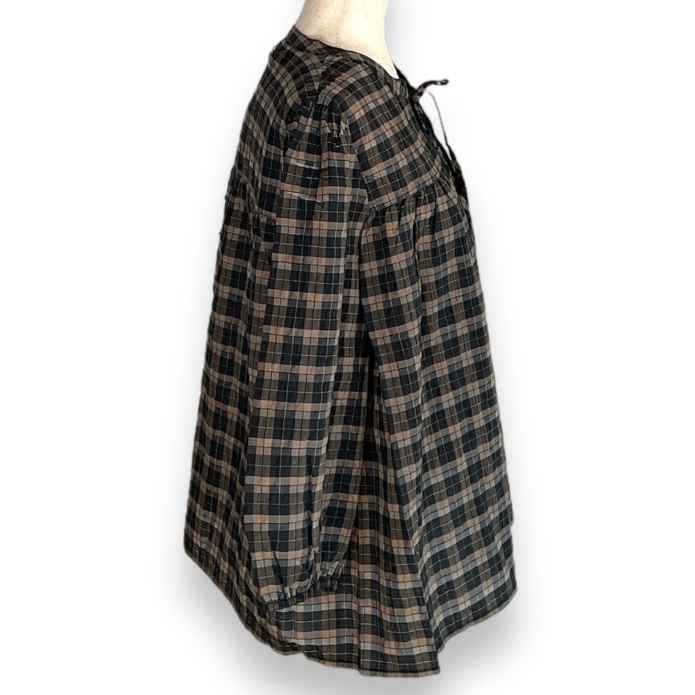 BARBOUR NWT Tan Plaid Shimmer 3/4 Sleeve Tie Neck Balloon Sleeve Peasant Top 12 - Picture 3 of 8